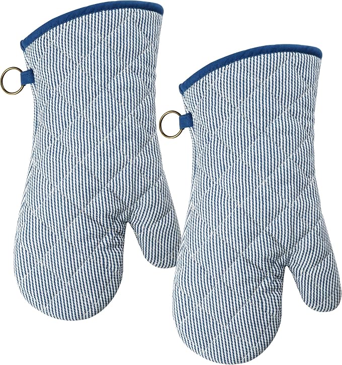 Yarn Dyed Oven Mitts 1 Pair， 100% Cotton Heat Resistant 470 Degree | Oven Gloves for Men Women Cooking Baking Barbecue BBQ Microwave Crafting Machine Washable Pot Holders Mittens (blue2)