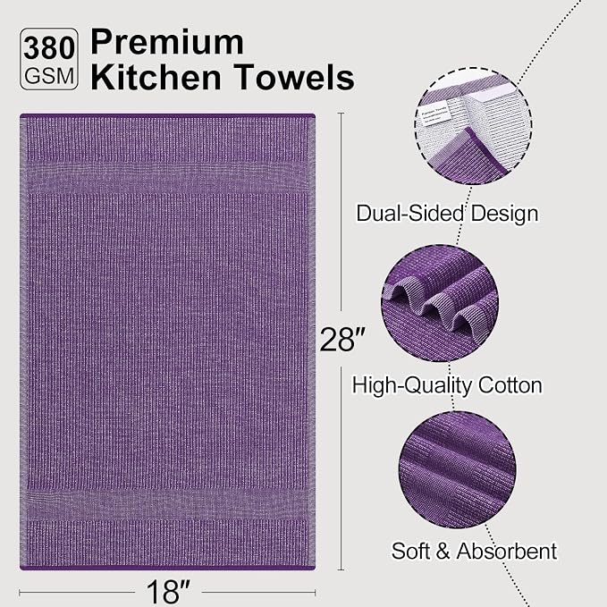 Mordimy Premium Large Cotton Kitchen Towels (18"x 28", 3 Pack), Purple | 100% Ring Spun Cotton, Super Absorbent, 380 GSM, Flat & Terry, Soft, Hanging Loop Dish Towels