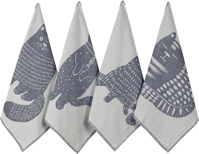 Cat Themed Funny Dish Towels for Kitchen Drying, 100% Cotton Kitchen Tea Towel Set of 4, Housewarming Birthday Gift for Cat Lovers (Cats' Moods)