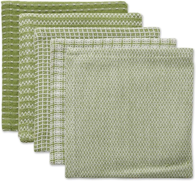 DII Everyday Kitchen Assorted Dishcloth Set of 5, 12x12, Antique Green