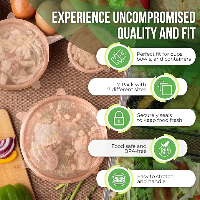 Reusable Silicone Stretch Lids for Food Storage in Fridge - Elastic Heat-Resistant Bowl Covers, Cups, Cans, Jars - Universal Food Grade Lid for Containers - 7 Pack - Apricot Stretchy Lid Set
