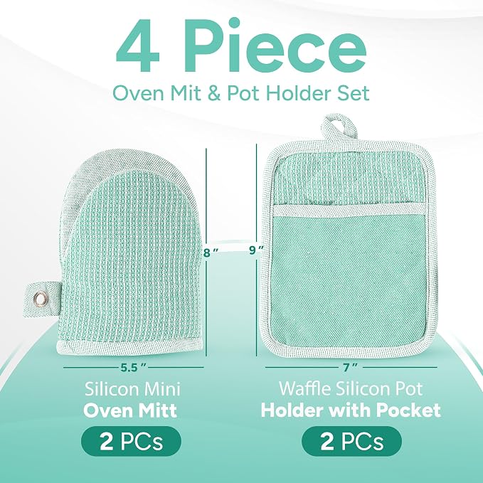 Casa Platino Heat Resistant Oven Mitts & Pot Holders, 4-Piece – Oven Mitt for Baking & BBQ, Potholders for Kitchens – Withstands Heat Up to 500°F, Soft, Durable & Non-Slip – Sage