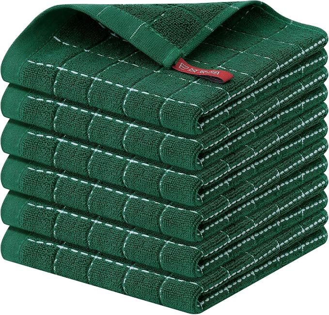 Homaxy 100% Cotton Terry Kitchen Dish Cloths, 6 Pack, Dark Green | Ultra Soft and Absorbent, Suitable for Drying and Washing Dishes