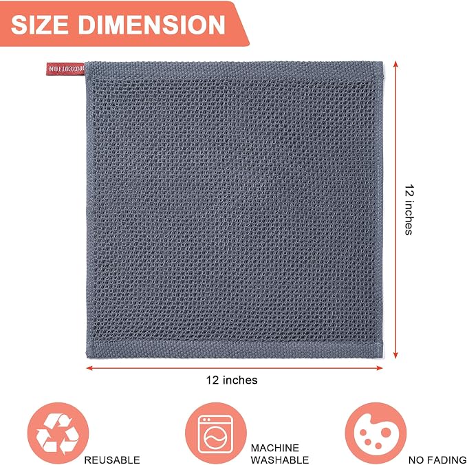 Kitchen Towels 6-Pack Kitchen Dish Cloths,100% Cotton,12x12 In,Dark Grey | Towels Waffle Weave,Ultra Soft Absorbent, Quick Drying
