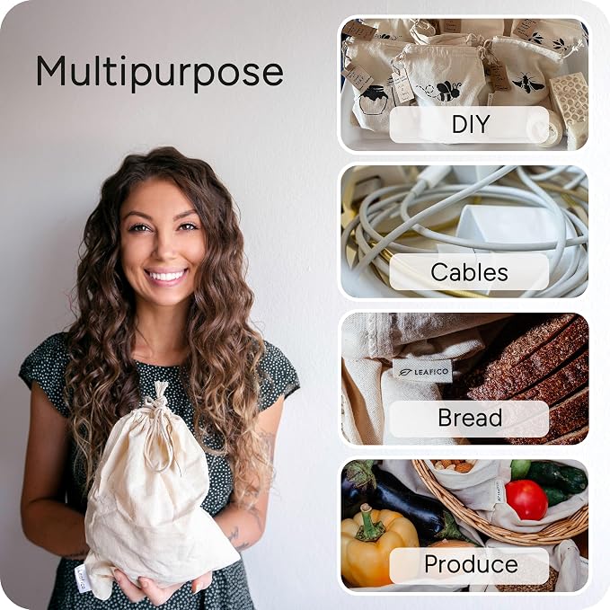 Multipurpose Eco Cloth Bags - Large 10x12 Inch (12 Pack) - Cotton Produce Storage Sacks - Muslin Drawstring Pouches for Vegetables - Bread Bags - Fabric Sachets
