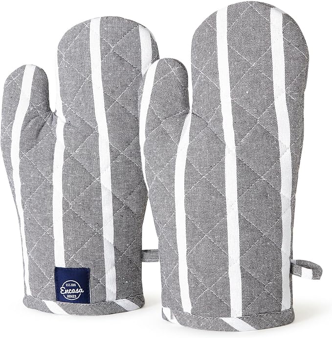 Encasa XO Oven Mitts, Heat Resistant Kitchen Gloves, Microwave | Roma Grey Stripes, 100% Cotton | Diamond Quilted Insulation | Pot Holders | Hanging Loop | Barbecue & Grill | Set of 2