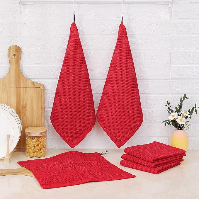 Kitinjoy 100% Cotton Kitchen Dish Cloths, 6 Pack Waffle Weave Ultra Soft Absorbent Dish Towels for Drying Dishes Quick Drying Kitchen Towels Dish Rags, 12 X 12 Inches, Red | Ultra Absorbent, Super Soft, lightweight, Quick Drying Dish Rags for Washing D...