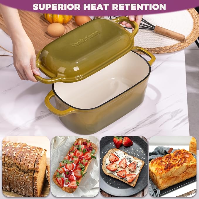 4.6-Quart Oval Dutch Oven for Bread Baking, 2 in 1 Cast Iron Bread Pan with Lid, Sourdough Baking Pan for a Crispy Crust, Olive