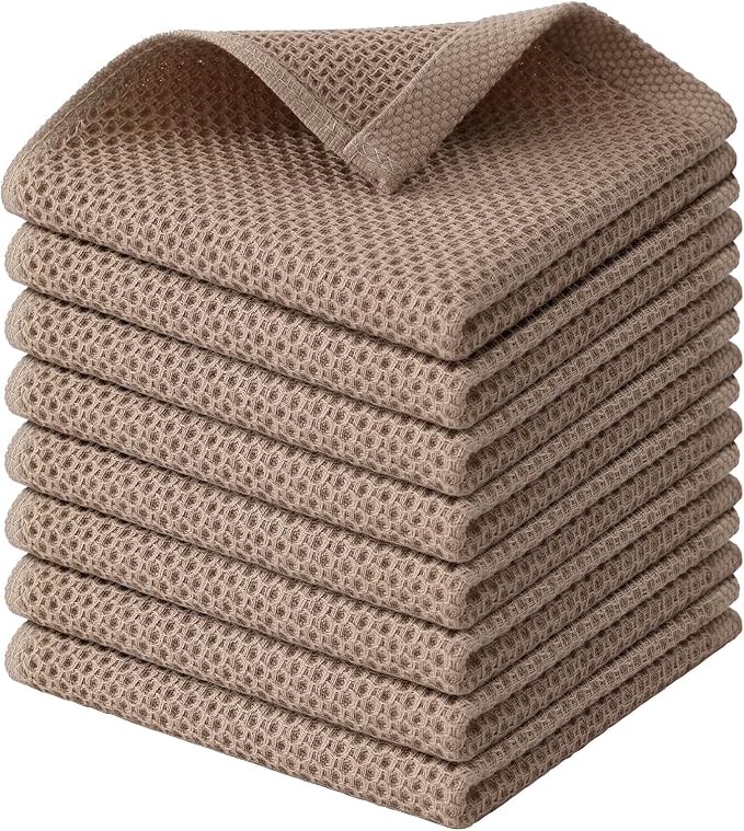 Kitinjoy 100% Cotton Waffle 8-Pack Kitchen Towels, 12" x 12", Tan | Ultra Absorbent, Super Soft, lightweight, Quick Drying Dish Rags for Washing Dishes