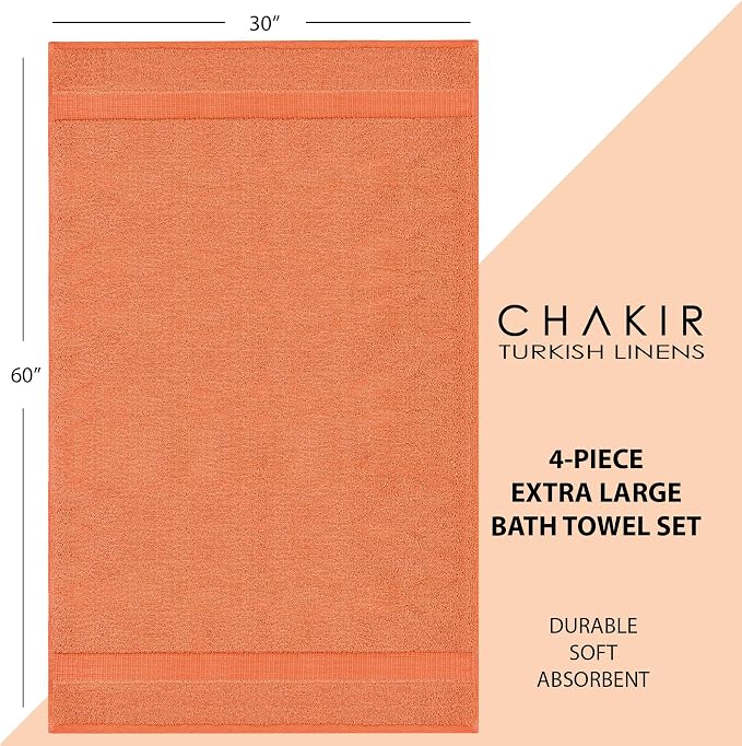 Chakir Turkish Linens 4 Piece Extra Large Bath Towels, 100% Cotton Luxury Turkish Towels for Bathroom, Soft Absorbent Bath Towels, 30 x 60 Inches, Coral