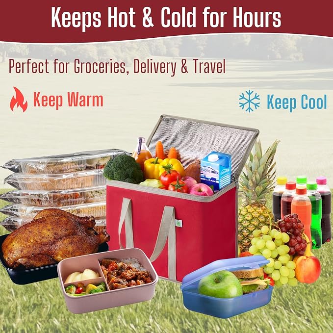 VENO 2 Pack Cooler Bag Insulated Grocery Bags for Food Delivery Heavy Duty | Large Collapsible Cooler, Reusable Shopping Tote w/ Zippers, Foldable, Stands Upright, for Groceries Camping (Red, 2 Pack)