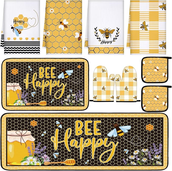 Fourluoo 10 Pcs Bee Themed Kitchen Decor Set Dish Towels Kitchen Rugs Oven Mitts and Pot Holders for Cooking Baking Grilling Women Mom Gift