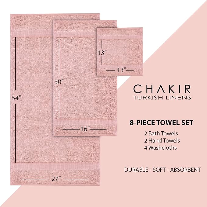 Chakir Turkish Linens Set of 8 Towel Set, 100% Cotton Luxury Turkish Towels for Bathroom, Soft Absorbent Bath Towel Set with 2 Bath Towels 2 Hand Towels 4 Washcloths, Pink