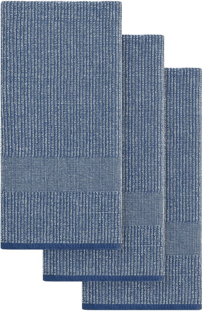 Mordimy Premium Large Cotton Kitchen Towels (18"x 28", 3 Pack), Navy Blue | 100% Ring Spun Cotton, Super Absorbent, 380 GSM, Flat & Terry, Soft, Hanging Loop Dish Towels