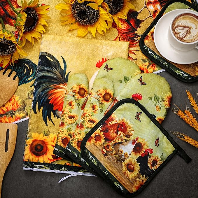 Leinuosen 6 Sunflower Rooster Farmhouse Kitchen Decor Dish Towels Oven Mitts and Pot Holders Sets Chicken Kitchen Towels Absorbent Decorative Accessories for Cooking Baking Grilling