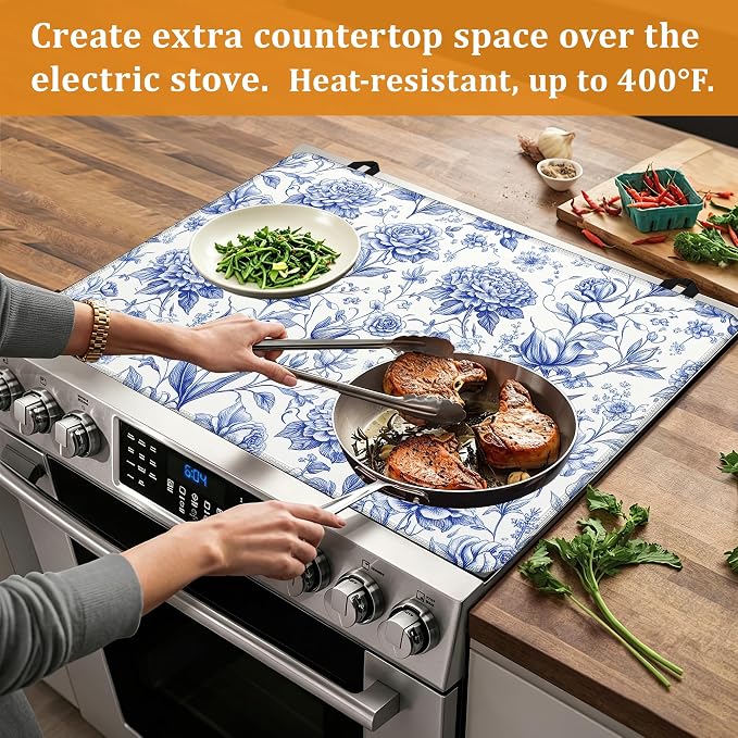 Blue Floral Glass Top Stove Cover Protector,Retro Spring Flowers Heat Resistant Stove Top Cover, Large Size Range Covers for Electric Stove Countertop Mat, 28 x 20 Inch