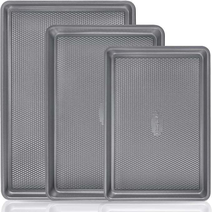 3 Pack Nonstick Ceramic Baking Sheet Pan Set for Oven, Non-Toxic Half/Quarter/Jelly Roll Pans with Diamond Texture, 0.8mm Aluminized Steel Cookie Trays for Cooking, Charcoal Gray