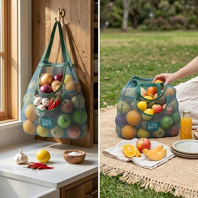Durable Hanging Mesh Bags for Fruit & Vegetables. Reusable, Breathable Storage for Garlic, Potatoes & Pantry. Eco-Friendly Kitchen Organizer & Decor (1 normal blue bag & 1 extra large blue bag)
