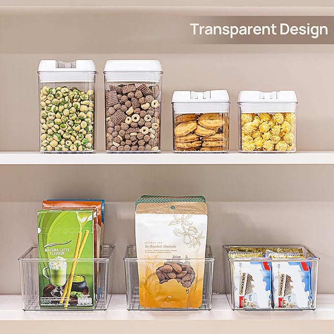 Vtopmart 8 Pack Food Storage Organizer Bins, Clear Plastic, 4 Compartments | For Pantry, Kitchen, Fridge and Cabinet Organization, Organize Food Packets, Snacks, Pouches and Spice Packets