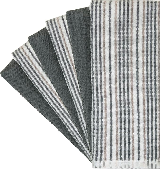 Bumble Kitchen Towels 6 Pack 100% Cotton 16"x26" - Grey Wide Stripe | 430 GSM Soft Kitchen Hand Towels with Hanging Loop, Highly Absorbent & Durable for Washing and Drying Dishes