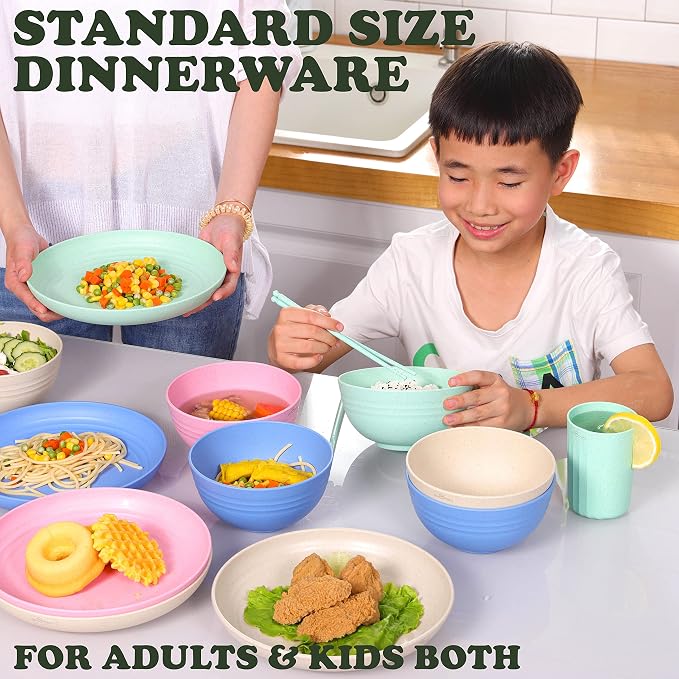 WheatStraw Dinnerware Sets for 4 - Alternate To Plastic Dishes - Dishwasher Safe Microwave Plates - Unbreakable Dinnerware Set - Wheat Straw Dishes - Lightweight Camping Plates & RV Dishes