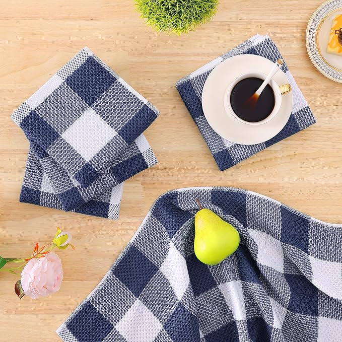 Homaxy Kitchen Towels and Dishcloths Set, Set of 10, White & Navy Blue | Bulk Cotton Waffle Weave Check Plaid Kitchen Towels, Super Soft and Absorbent Dish Cloths, 12 x 12 and 13 x 28 Inches