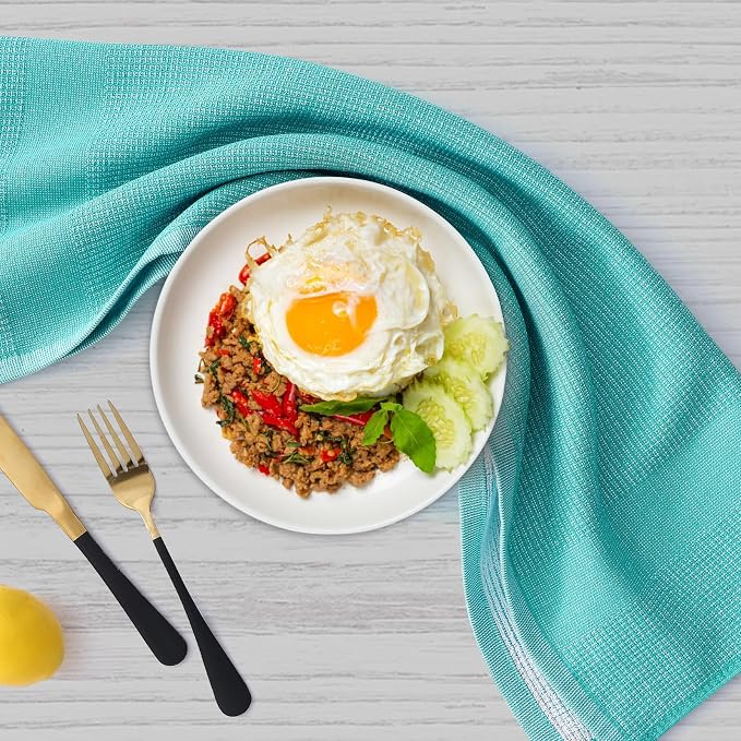 Homaxy 380 GSM Cotton Premium Kitchen Towels 3 Pack, 18"x 28", Teal | Flat and Terry Dish Towels, Highly Absorbent Tea Towel Set with Hanging Loop, Soft Utility Kitchen Hand Towels