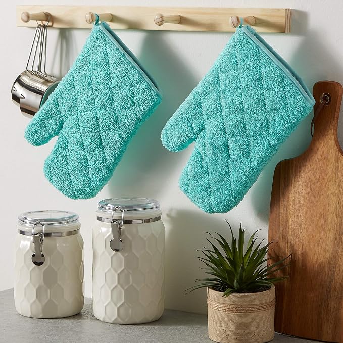 DII Basic Terry Collection 100% Cotton Quilted, Oven Mitt, Aqua, 2 Piece