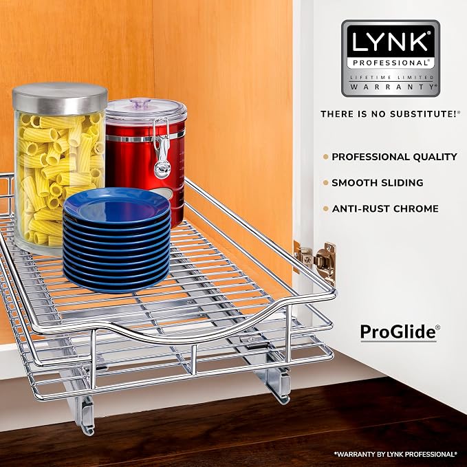 LYNK PROFESSIONAL® Pull Out Cabinet Organizer, Kitchen Slide Out Drawer | 11W x 18D chrome rollout shelf creates easy-access storage for cookware, pantry items and kitchen essentials inside cabinets