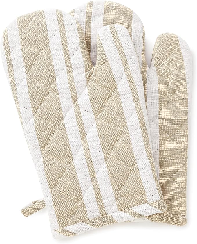 Encasa XO Oven Mitts, Heat Resistant Kitchen Gloves, Microwave | Franca Beige Stripes, 100% Cotton | Diamond Quilted Insulation | Pot Holders | Hanging Loop | Barbecue & Grill | Set of 2