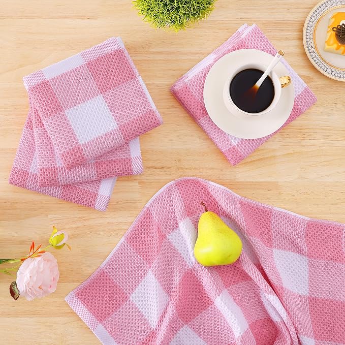 Homaxy Kitchen Towels and Dishcloths Set, Set of 12, White & Pink | Bulk Cotton Waffle Weave Check Plaid Kitchen Towels, Super Soft and Absorbent Dish Cloths, 12 x 12 and 13 x 28 Inches