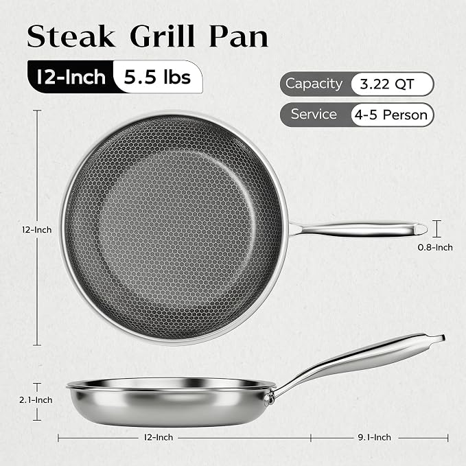 Nonstick Frying Pan with Lid 12-Inch, Durable Stainless Steel Skillet, Induction Cooktop Compatible, PFOA-Free Scratch-Proof, Dishwasher & Oven Safe, Stay-Cool Handle, Silver Kitchen Cookware
