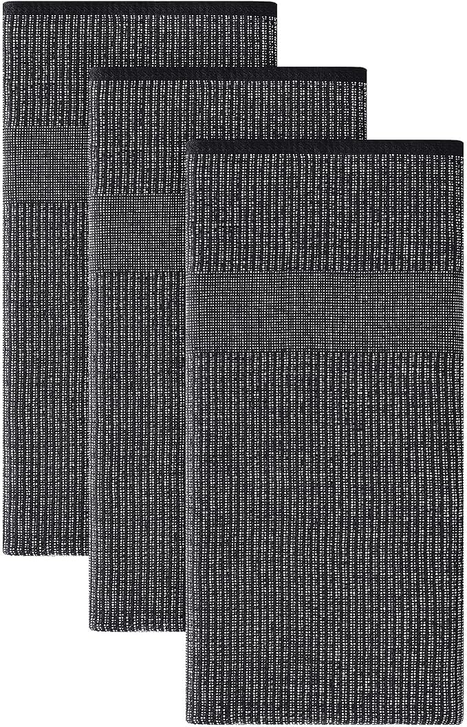 Homaxy 380 GSM Cotton Premium Kitchen Towels 3 Pack, 18"x 28", Black | Flat and Terry Dish Towels, Highly Absorbent Tea Towel Set with Hanging Loop, Soft Utility Kitchen Hand Towels