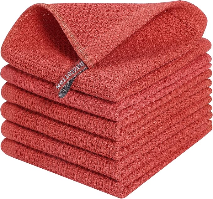 Kitinjoy 100% Cotton Waffle 6-Pack Kitchen Towels, 12" x 12", Brick Red | Ultra Absorbent, Super Soft, lightweight, Quick Drying Dish Rags for Washing Dishes