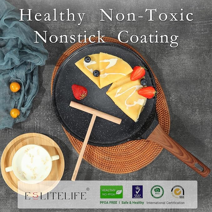 ESLITE LIFE 11 Inch Crepe Pan with Spreader, Nonstick Granite Coating Dosa Pan, Roti Tawa Comal Para Tortillas Pancake Griddle Pan, Induction Compatible, PTFE & PFOA Free, Black