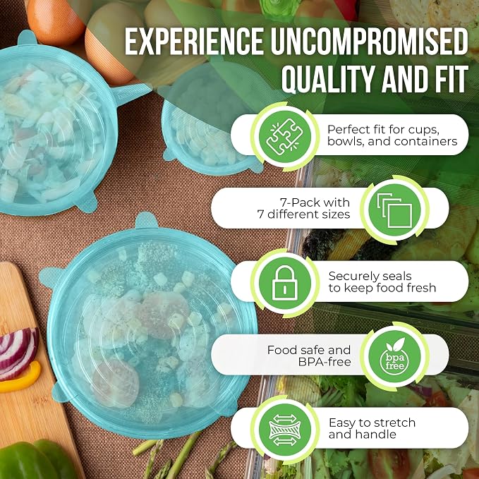 Reusable Silicone Stretch Lids for Food Storage in Fridge - Elastic Heat-Resistant Bowl Covers, Cups, Cans, Jars - Universal Food Grade Lid for Round and Rectangle Containers -7 Pack - Midnight Teal