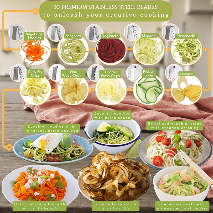 Brieftons 10-Blade Vegetable Spiralizer: Zoodle Maker & Veggie Noodle Maker, Potato String & Curly Fry Cutter, Japanese Steel Blades, Catch Container, Strong Suction Pad, 4 eBooks | Keto, Vegan, Paleo