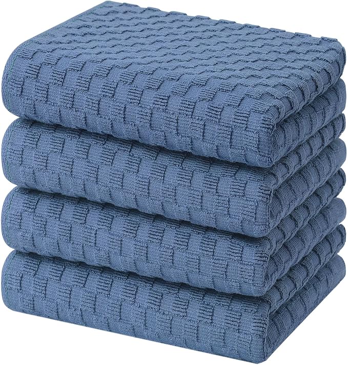Homaxy 100% Cotton Terry Kitchen Towels(15" x 25", 4 Pack), Navy Blue | Soft and Super Absorbent Dish Towels, 380 GSM Reusable Tea Towel with Hanging Loop, Pineapple Grid Designed