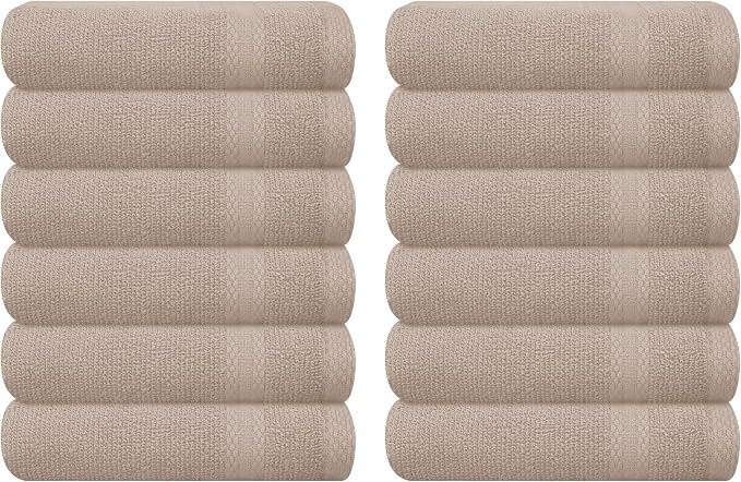 GLAMBURG Ultra Soft 12-Piece Washcloths Set 13x13-100% Ringspun Cotton - Durable & Highly Absorbent Face Towels - Ideal for use in Bathroom, Kitchen, Gym, Spa & General Cleaning - Tan