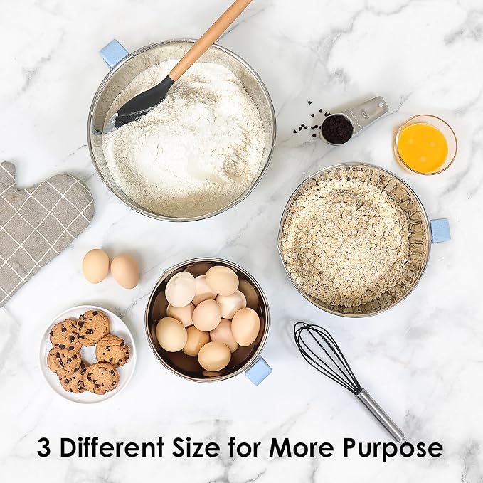 Stainless Steel Mixing Bowls Set with Lids,1.5,3 & 5 Qt,Light Blue | Non-Slip Silicone Base,Precision Pour Spout,Ergonomic Easy-Grip Handle,Measurement Marks,Airtight Lids,Cooking & Meal Prep