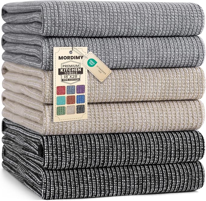 Mordimy Cotton Kitchen Towels (18"x 28", 6 Pack), Grey/Khaki/Black | 100% Ring Spun Cotton, Super Absorbent, 380 GSM, Flat & Terry, Soft, Hanging Loop Dish Towels