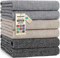Mordimy Cotton Kitchen Towels (18"x 28", 6 Pack), Grey/Khaki/Black | 100% Ring Spun Cotton, Super Absorbent, 380 GSM, Flat & Terry, Soft, Hanging Loop Dish Towels
