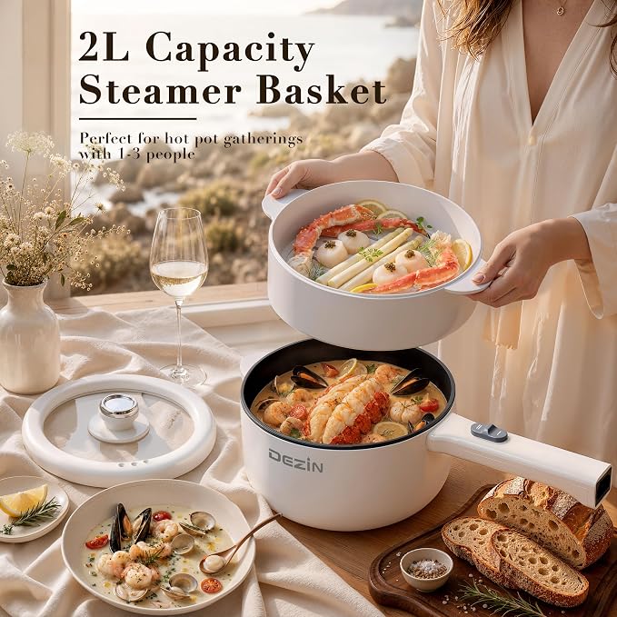 Dezin 2L Hot Pot Electric, Non-Stick Electric Pan, 700W Adjustable Power | Electric Pot for Cooking/Steak/Egg/Fried Rice/Ramen/Soup, Portable Pot for Dorm/RV/Family/Travel/Camping, Include Spatula