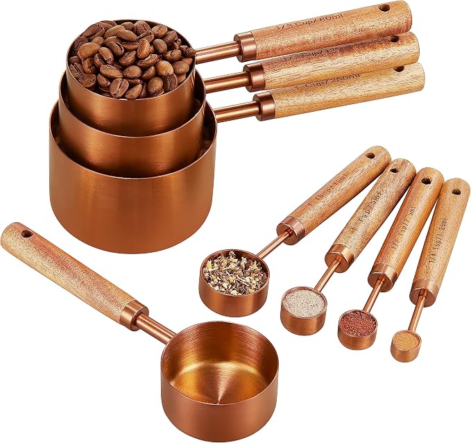 Copper Stainless Steel Measuring Cups and Spoons Set of 8, Wooden Handle with US and Metric Measurements
