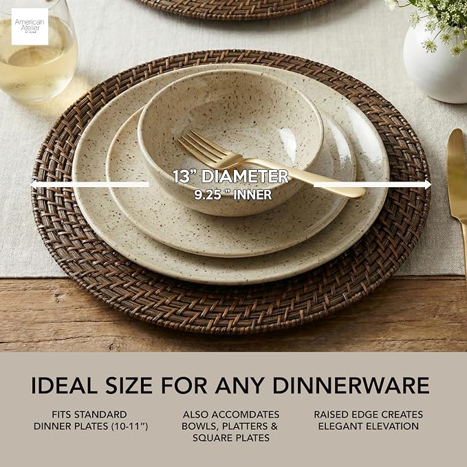 Rattan Plate Chargers, Brown, Round Woven, Set of 4 | Handwoven Natural Rattan With Warm Finish, 13x13in Round Fit For Dinner Plates, Durable Charger Set For Weddings & Banquets