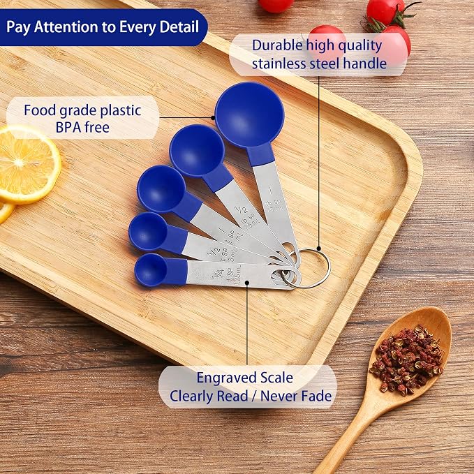 Measuring Cups and Spoons Set of Huygens Kitchen Gadgets 10 Pieces, Stackable Stainless Steel Handle Measuring Cups for Measuring Dry and Liquid Ingredient (Sapphire blue)
