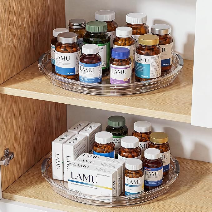 LAMU 12 in Lazy Susan Turntable, 2 Pack Clear Spice Rack, Organizer Storage | 360° Rotating, Kitchen Storage Tray for Cabinet & Table Top, Pantry, Fridge, Bathroom, Medicine & Countertop
