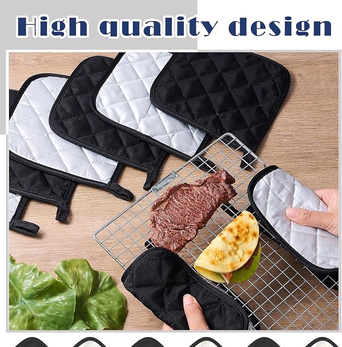 Bokon 12 Pcs Pot Holders for Kitchen, Black Potholders Sets, Heat Resistant Cotton Hot Pad Oven Mitts Trivet with Hanging Loops for Baking Cooking