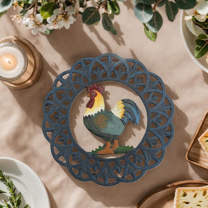 Cast Iron Rooster Trivet for Hot Dishes | Heat Resistant Metal, Rubber Pegs, 2 Pinch Mitts Included, Protects Countertop