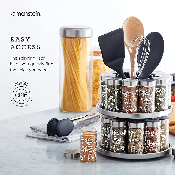 Kamenstein Salem 20-Jar Rotating Spice Rack with Spices Included, Stainless Steel Countertop Organizer with Sifter Caps and Tool Caddy, Spice Set for Kitchen Organization
